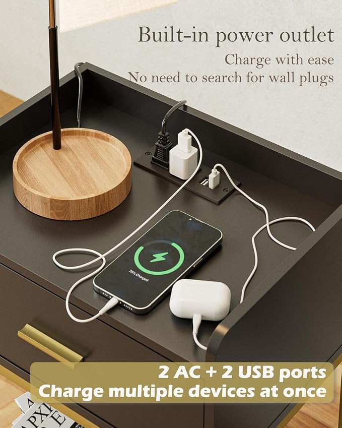 Nightstand with Charging Station, 3-Tier Bedside Table - Image 3