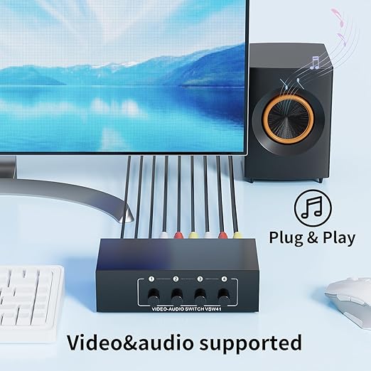 RCA Switch 4 in 1 Out Composite Video L/R Audio Selector Box 4X1, BolAAzuL 4-Way RCA Switcher - 4 Port AV Selector Switch - Plug & Play for Wii PS2 Xbox DVD STB HDTV