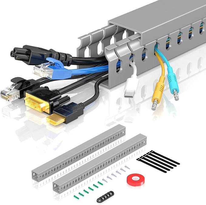 Open Slot Wire Duct Kit, 31.4"(2 x 15.7) Server Rack Cable Management, Cable Management Raceway for Hide Network HDMI VGA Cable, Wiring Raceway Cable Duct, Desk Wire Channel, 2 Pack, Grey