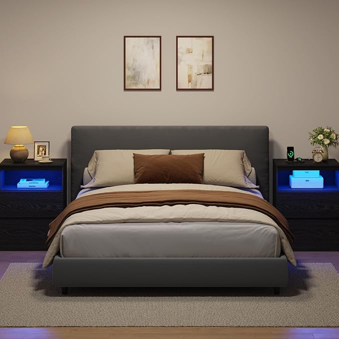 Nightstand with Charging Station, LED Lights and Hidden Drawer, Modern Night - Image 2