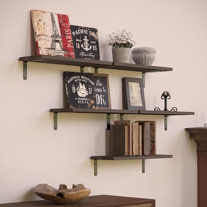 RICHER HOUSE Rustic Wood Floating Shelves Set of 5, Wall Mounted Shelf 16in | - Image 5