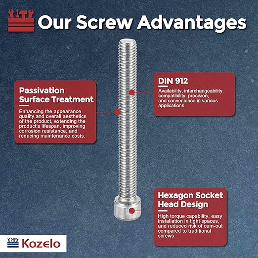 Kozelo 2pcs Socket Head Cap Screws - [M12-1.75 x 150mm] 304 Stainless Steel Allen Socket Drive for Electrical Motor 3D Printing Fan Engine Replacement Use, Silver