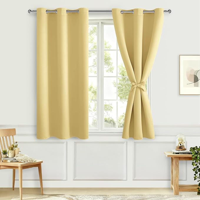 Short Blackout Curtains for Bedroom, Light Yellow, 42 x 45 Inch | Thermal by Hiasan