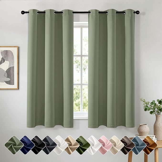 Short Sage Green Blackout Kitchen Curtain W40 x L54 Inch 2 Panels | Thermal by Woaboy