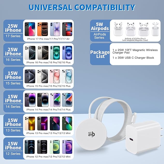 [Apple Qi2.2 Certified]Magnetic Wireless Charger, 10FT 25W iPhone Magsafe Charger Fast Phone Charging Pad Wireless Magnetic Braid Cable Charge for iPhone 17/17 Pro/17 Pro Max/Air/16 ProMax/15/14/13/12