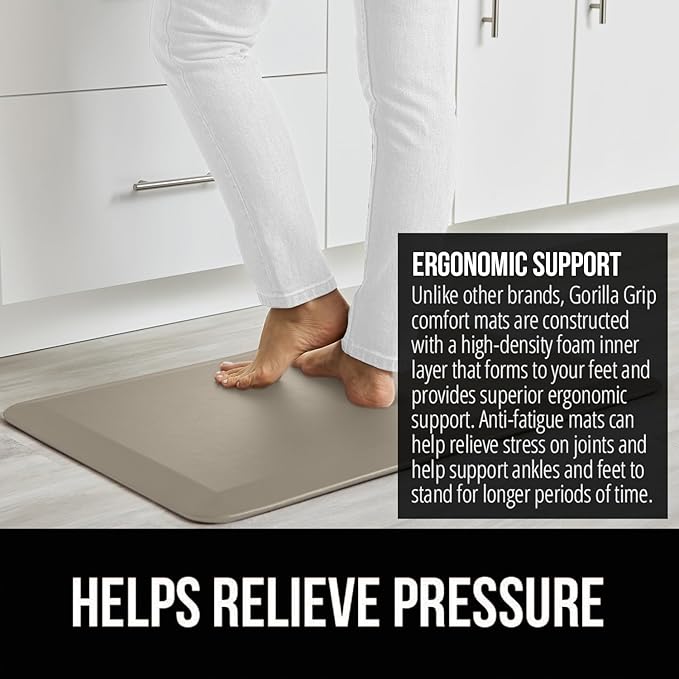 GORILLA GRIP Comfortable Cushioned Kitchen Mats for Floor, 39x20, Waterproof and Stain Resistant Soft Top, 3/4 Inch Thick Ergonomic Standing Desk Anti Fatigue Mat, Foam Supports Ankles and Feet, Taupe