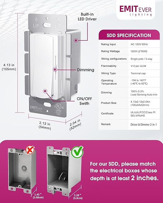 Dimmer Light Switch & 12V 120W Dimmable LED Driver 2 in 1, UL Listed Class 2 Single-Pole or 3-Way Slide Dimmer Switch for Led Lights,120VAC to 12VDC Power Supply for Low Voltage Project, Glossy White