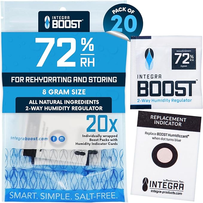 Integra Boost 2-Way Humidity Control Pack - Preserve Flavor & Control Humidity at 72% RH - Moisture Absorber for Herbs, Spices & More - 8 Gram (Pack of 20)
