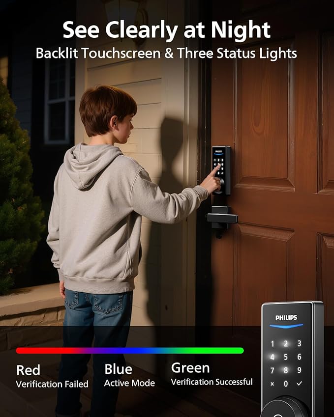 Philips Built-in WiFi Smart Lock, Keyless Entry Door Lock with App, Touchscreen, Indicator Light, Fingerprint Door Lock — Compatible with Alexa & Google, Splash-Proof Design, Includes 8 Batteries