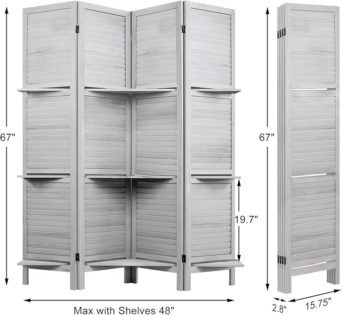 Room Divider with Shelves, 4 Panel Grey Privacy Screen | Partition Room - Image 3