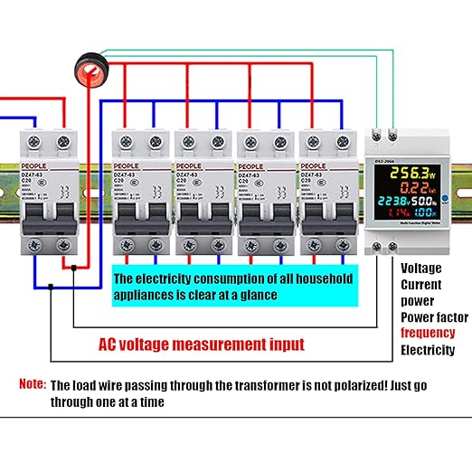 D52-2066 Single Phase Energy Meter with LCD Display Din Rail Electricity Usage Monitor for Voltage Current Power KWh Frequency Power Factor - 220V AC 40V-300V 100A Household & Industrial Use
