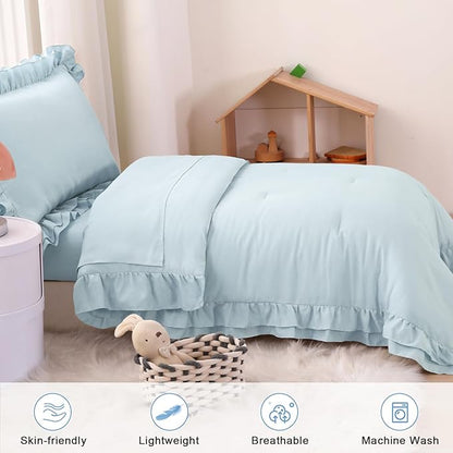 Wowelife Toddler Comforter for Girls Blue Toddler Bedding Set 4 Pieces Double Ruffles Comforter Sets, Cozy and Tender Bedding Includes Comforter, Fitted Sheet, Flat Top Sheet and Pillowcase
