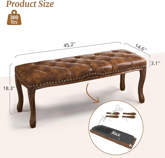 Bedroom Bench, French Vintage Tufted Leather Bench, 45.2" Carving Upholstered - Image 3