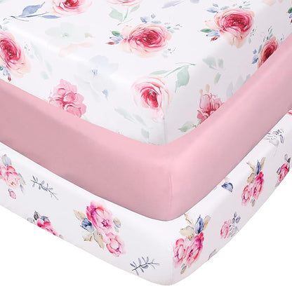 Belsden Pack of 3 Floral Fitted Crib Sheet Set for Baby Girl, Universal Fits Standard Size Crib and Toddler Mattress 28" x 52", Soft Breathable and Machine Washable, Floral Purple & Pink & Pink Rose