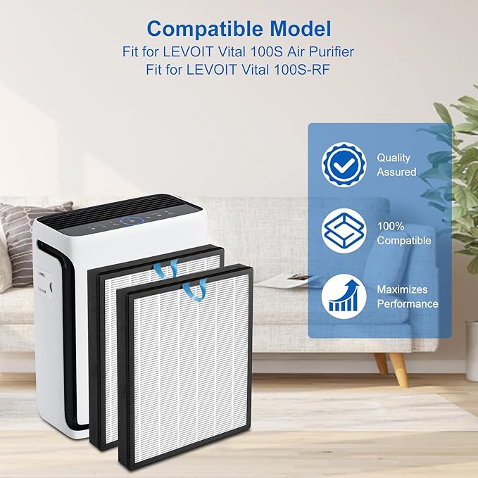 NXBHG Vital 100S Replacement Filter Compatible with Levoit Smart WiFi Vital 100S Air Puri-fier, 3-in-1 Efficient Middle Filter and High-Efficiency Activated Carbon Filter, Vital 100S-RF, 2 Pack.