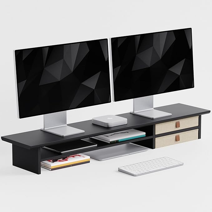 FENSULN Dual‑Tier Monitor Stand Riser with Drawers, Desktop Organizer Shelf Storage for Computer Screen 2 Monitors, Supports for PC Computer Monitor, Printer, Heavy TV Riser Black