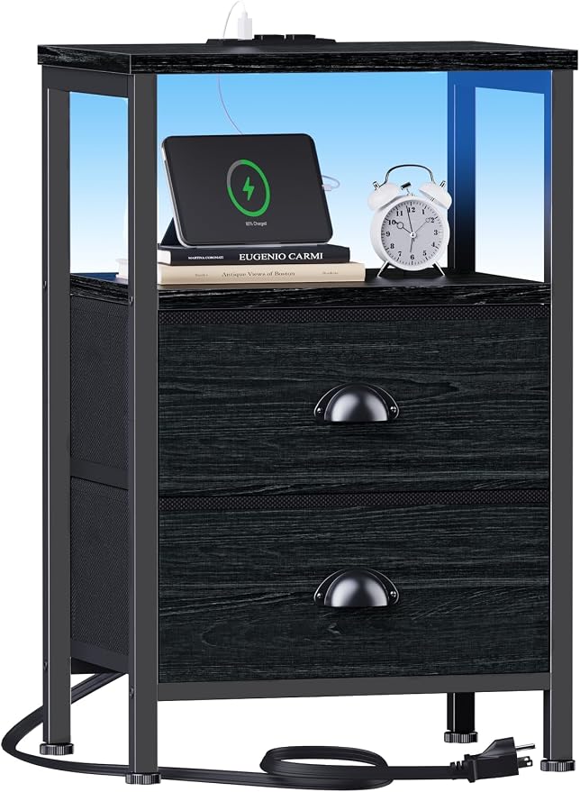 Furologee Night Stand with LED Light, Charging Station, 2 Drawer, 2 Fabric by Furologee