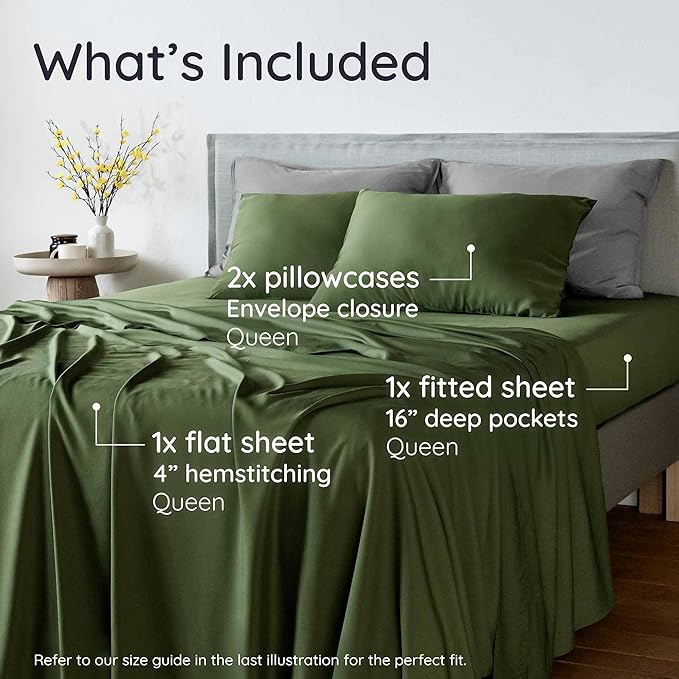 Bambaw 100% Viscose Derived from Bamboo Sheets Queen Size Set – 4pcs Cooling Sheet Set, Super Soft Sheets Queen Size, Luxury Bedding, Deep Pocket Fits Up to 16'' Mattresses (Olive)