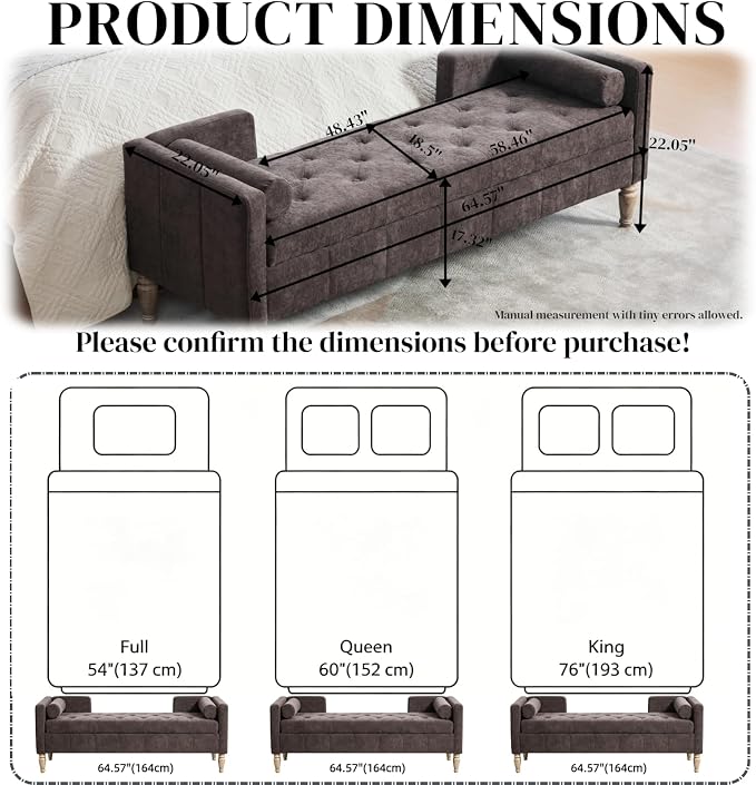 Aoiy & Wifon 64.57" W End of Bed Bench King Size, Upholstered Large Storage - Image 2