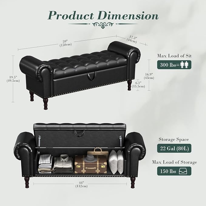 Apicizon 60" Bench with Storage, Upholstered Tufted Button Bedroom Bench with - Image 2