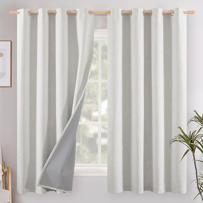 YoungsTex Ivory Linen Blackout Curtains 63 Inch Length, Thermal Insulated Black by YoungsTex