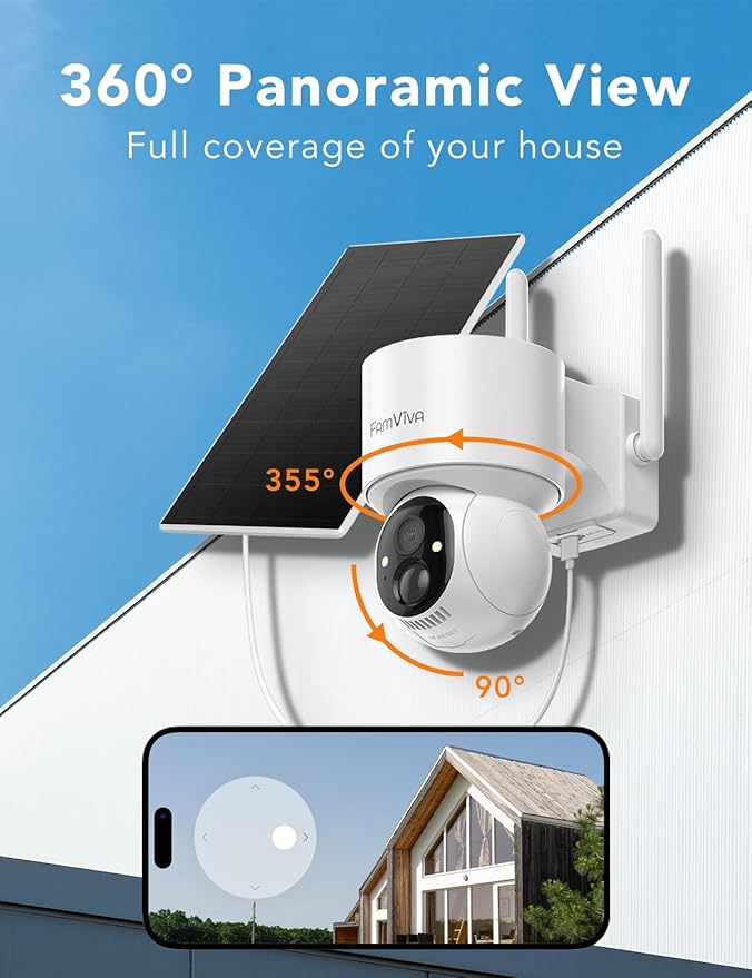 FAMVIVA 2K Solar Security Cameras Wireless Outdoor, 360°PTZ Battery Powered Cameras for Home Security, 2.4G WiFi Outdoor Camera with Color Night Vision, IP66 Waterproof, Motion Sensor Alarm, White-4P