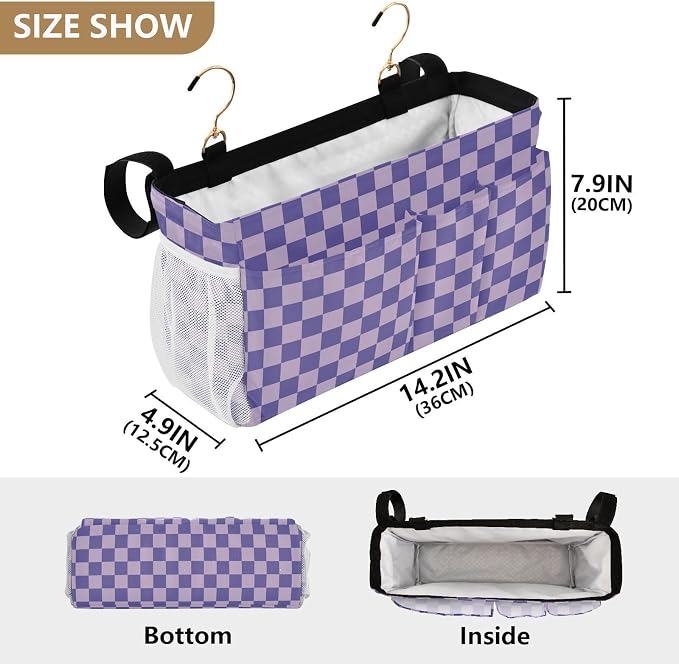 Purple Checkerboard Print Bedside Caddy Storage Bag Bedside Organizer - Image 4