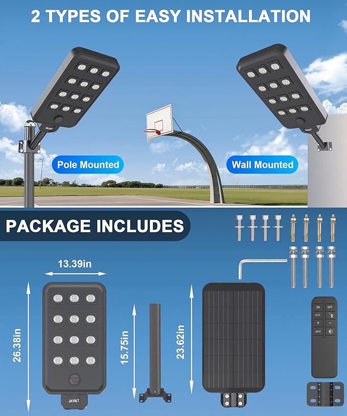 JAYNLT X-13000W Solar Street Lights Outdoor, Ultra-Large 6500K Commercial Parking Lot Lights Dusk to Dawn,IP67 Waterproof Solar Power Flood Security Light for Playground,Road