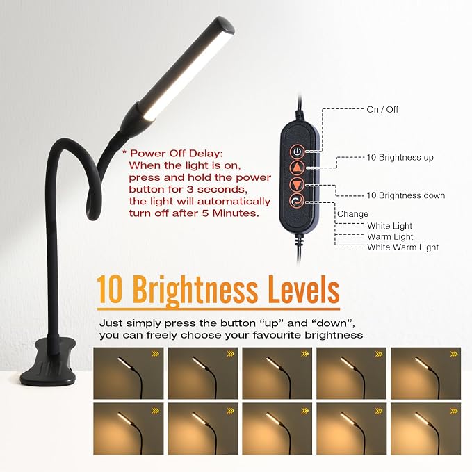 Clip on Reading Lamp, Clip Light, Warm & Daylight & White Light 3 Colors - Image 3