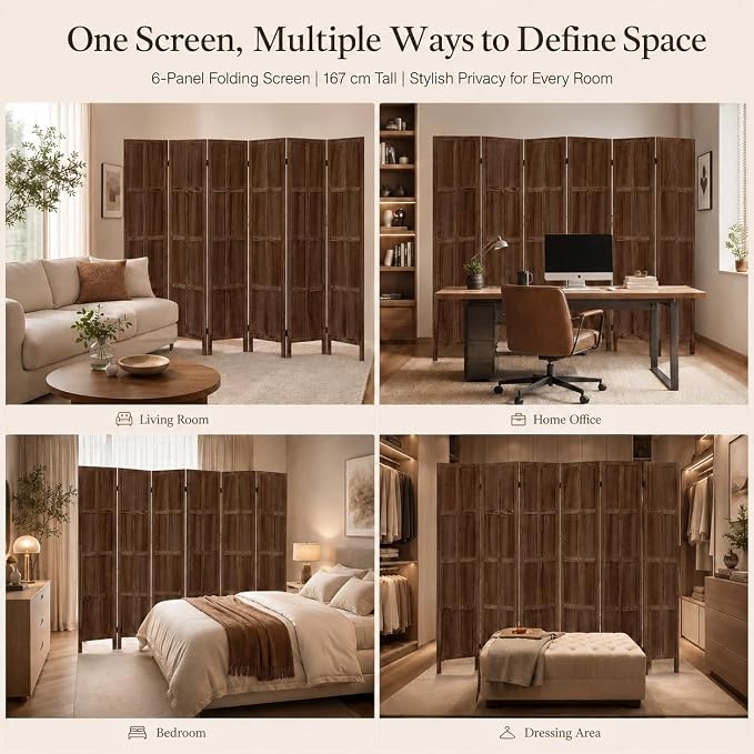 6 Panel Solid Wood Room Divider Folding Privacy Screen Brown | Freestanding - Image 6