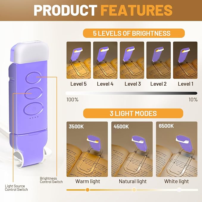 Book Reading Light Rechargeable Clip on Book Lamp - Image 3