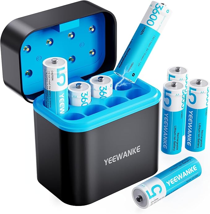 yeewanke Rechargeable AA Batteries with Charger, 8 Pack 8 Slot 1.5V High Power 3600mWh Lithium Double A Battery Rechargeable, Li-ion AA Battery with 2000+ Cycle Times, Fast Charging Storage Box