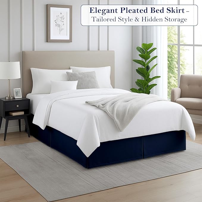 Queen Bed Skirt, Luxury 18 Inch Drop Navy Blue Pleated Bed Skirt, Double Brushed Microfiber, Box Pleat Design, Wrinkle & Fade Resistant, Easy Fit Tailored Bedskirt for Queen Size Beds