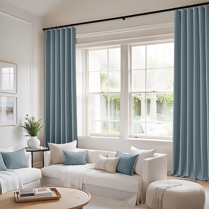MIULEE 100% Blackout Back Tab Pleat Linen Curtains 50" Wx90 L, Stone Blue | 2 - Image 2