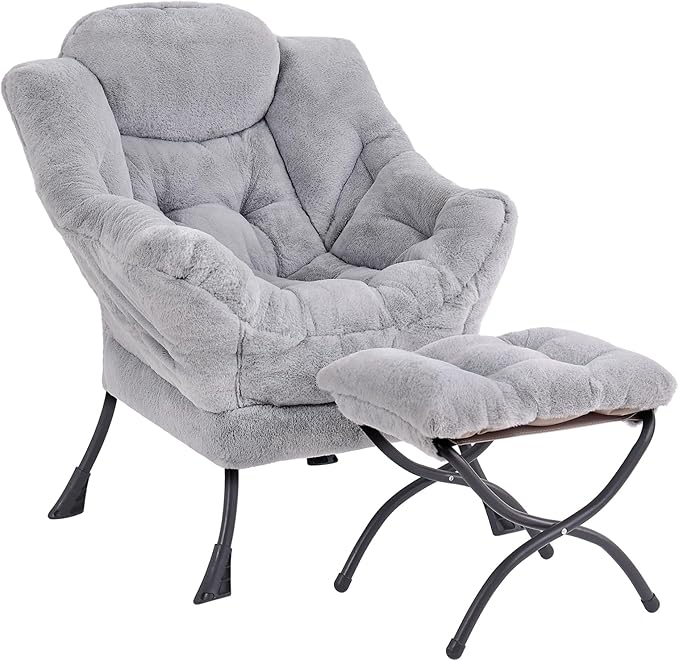 Lazy Chair with Ottoman, Comfy Accent Reading Chair, Plush Grey | Foldable by LITA
