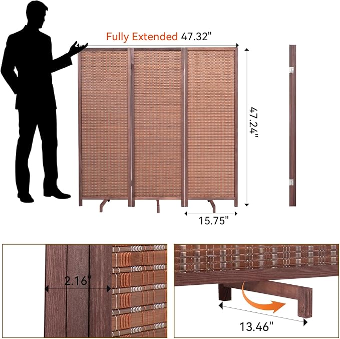Bamboo Room Divider 3 Panel 47" H, 360°Rotating Feet Privacy Screen, Portable - Image 2