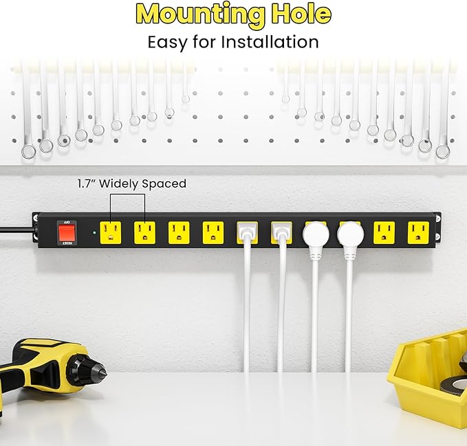 10 Outlet Metal Power Strip with 2100J Surge Protector, Heavy Duty 15FT Extension Cord, Wide Spaced Outlets and Wall Mount for Garage, Workshop, Industrial, Home (15ft)