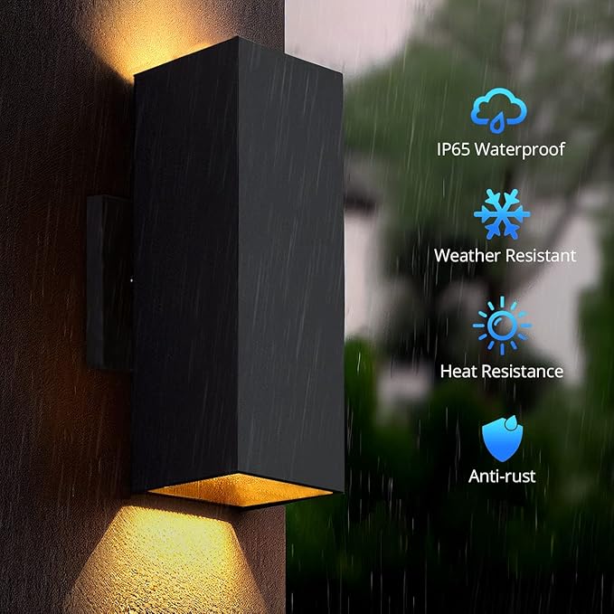wowlite Outdoor Wall Lights Dusk to Dawn Sensor, 2700K Warm LED Up Down Sconce, IP65 Waterproof 13" Modern Square Matte Black Exterior Light Fixture Wall Mount for Porch Patio Garage, ETL Listed