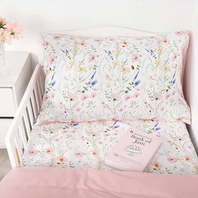 Toddler Bedding Set for Girls, 4 Piece Floral Toddler Comforter Set, Ultra Soft Baby Girl Crib Bed Bedding Includes Quilted Comforter, Flat Sheet, Fitted Sheet, Pillowcases, Pink Flower