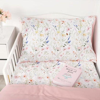 Toddler Bedding Set for Girls, 4 Piece Floral Toddler Comforter Set, Ultra Soft Baby Girl Crib Bed Bedding Includes Quilted Comforter, Flat Sheet, Fitted Sheet, Pillowcases, Pink Flower