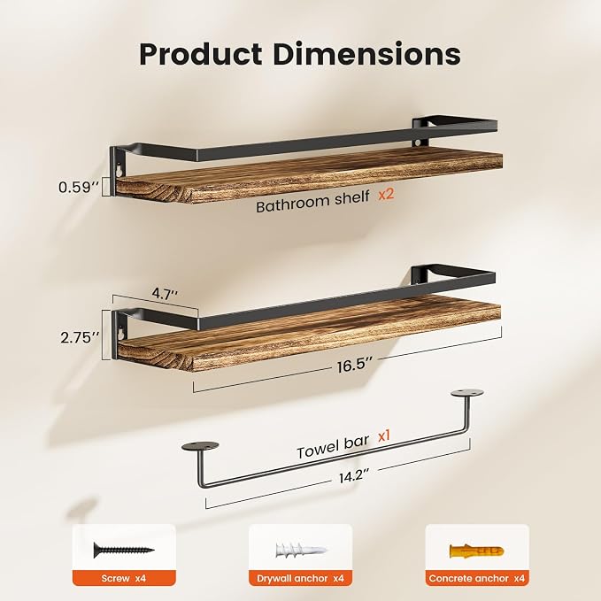 Amada Bathroom Shelves with Towel Bar, Rustic Brown | Floating Shelves with - Image 3