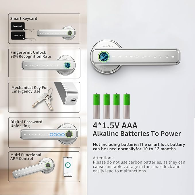 GEKRONE Fingerprint Smart Lever Lock TUYA APP Control Keyless Entry Bluetooth Touchscreen Indoor Handle Biometric Electronic Digital Door Knob with Keypad Suitable for Hotel Office Apartment Bedroom
