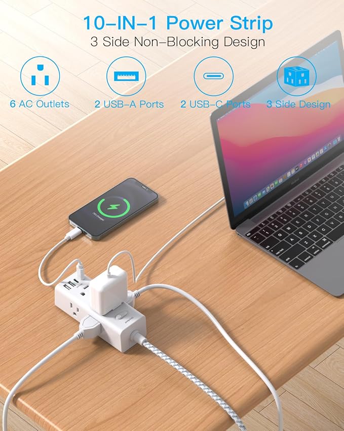 One Beat Power Strip Surge Protector, 1Ft Short Extension Cord Flat Plug | 6 - Image 2