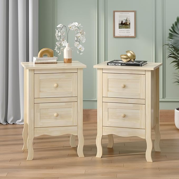 Bonnlo Nightstands Set of 2, Solid Wood Nightstand Unfinished by Bonnlo