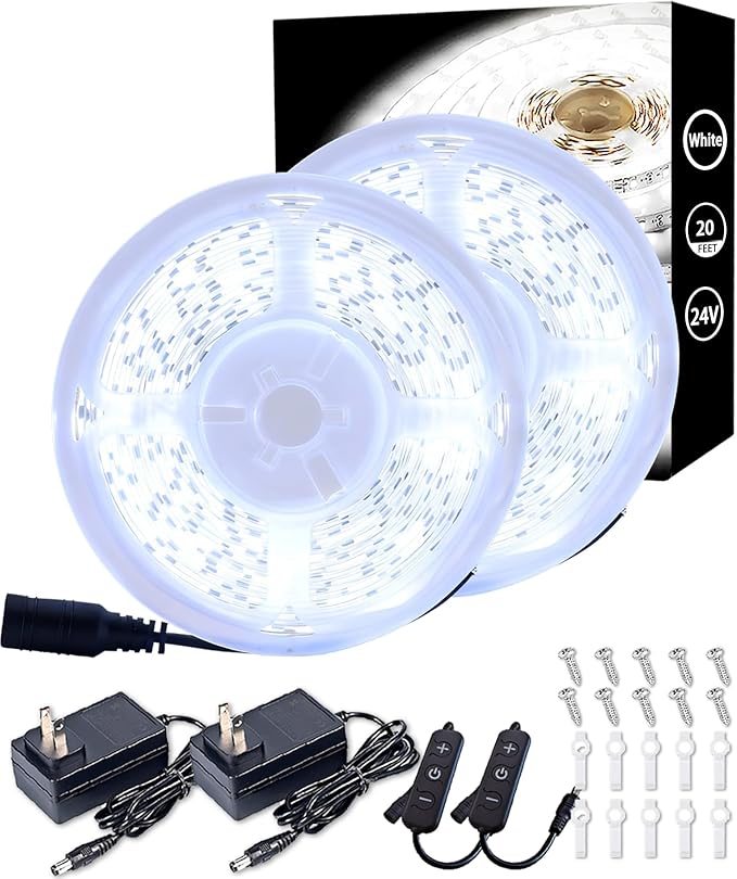 Aalnfe 2 Set Led Strip Lights for Bedroom Dimmable 10 FT 180 LEDs Rope Light Flexible Super Bright White Tape Lights for Ceiling Room Home Decor Luces LEDs （20FT）