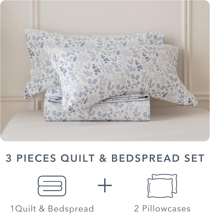 QSH 100% Cotton Floral Quilt Bedspread Oversized King Set-3Pcs Blue & White - Image 6