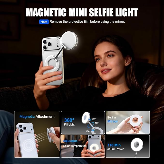Magnetic Selfie Light, Phone Light Compatible with iPhone Magsafe, CRI97 360° LED Selfie Ring Fill Folding Light with Mirror for Selfies/Photography/TikTok/Zoom Calls/Video Conference