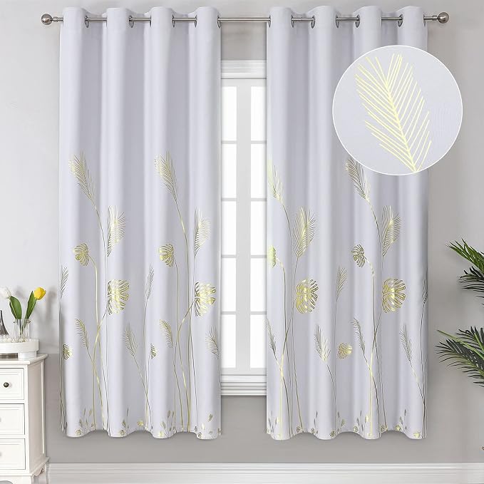 Greyish White and Gold Print Curtains 72 Inches Long Room Darkening Curtains by ESTELARTEXTILER