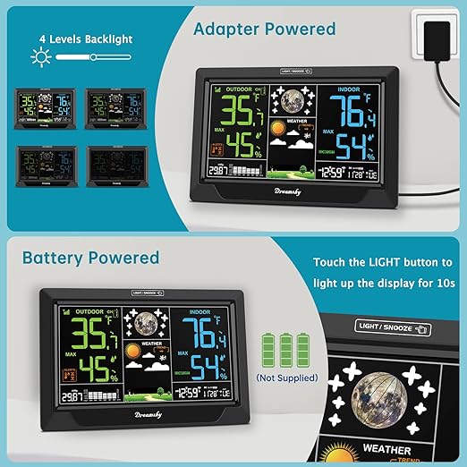 DreamSky Weather Station Indoor Outdoor Thermometer Wireless, Atomic Clock with Indoor Outdoor Temp, Date Day, Adjustable Backlight, Inside Outside Temperature Humidity Monitor for Home