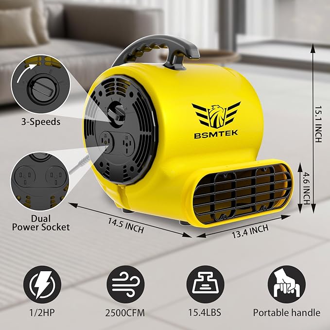 BSMTEK Air Mover Blower Fan, Industrial 1/2HP 2500CFM Monster Floor Blower Carpet Dryers - 3 Speeds, 4 Adjustable Angles, 15FT Long Cord, Stackable - 2026 Upgraded